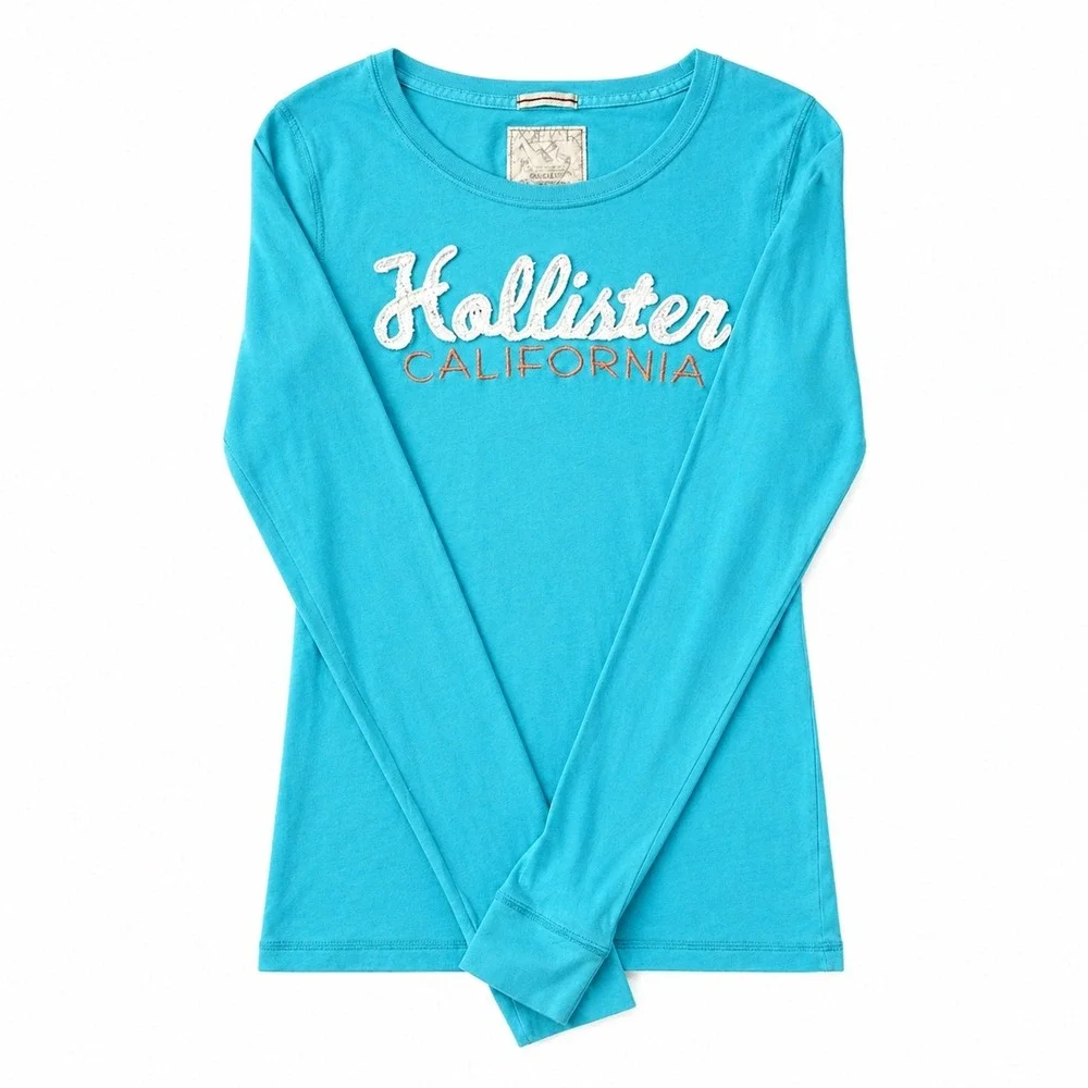 Hollister California Long Sleeve Tee Women's Size L Y2K Aqua Logo Slim Fit Shirt - Picture 4 of 5